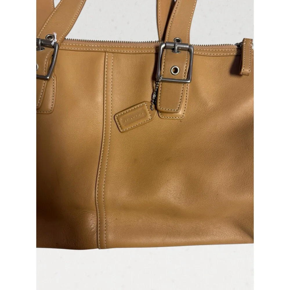 Vintage COACH Hamptons Leather Satchel Bag 9554 Camel Tan Y2K Double Buckle Tote